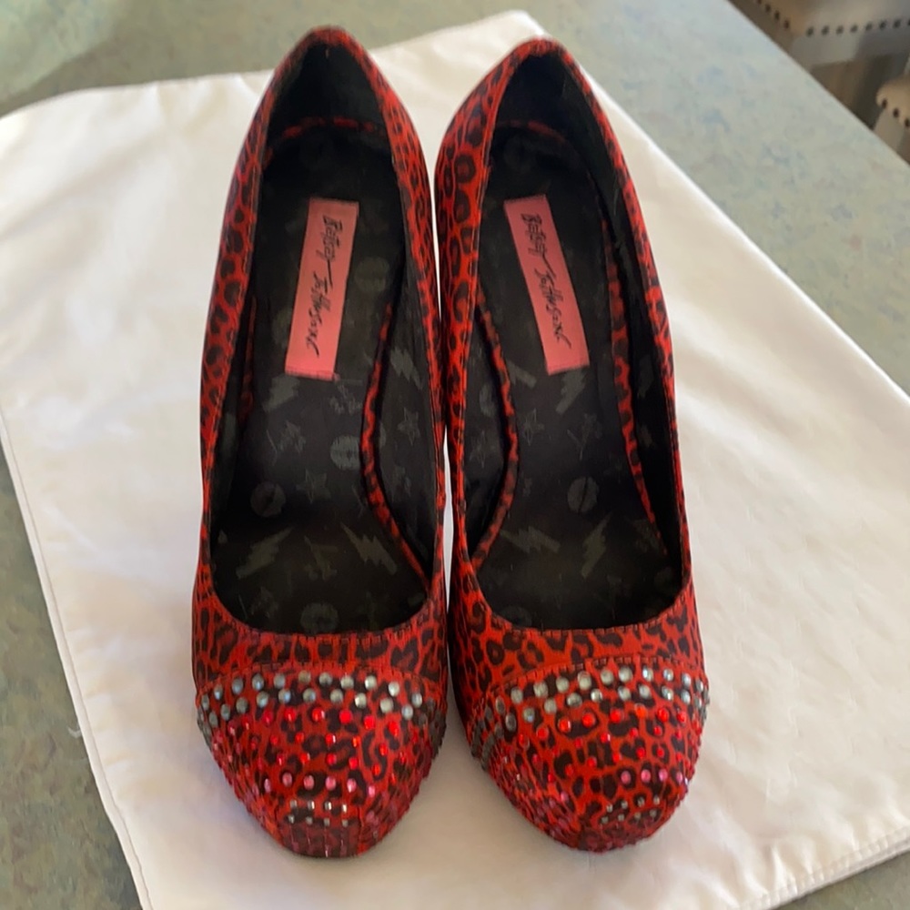 Betsy Johnson red leopard heels with rhinestones